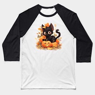 Happy Black Halloween Cat Baseball T-Shirt